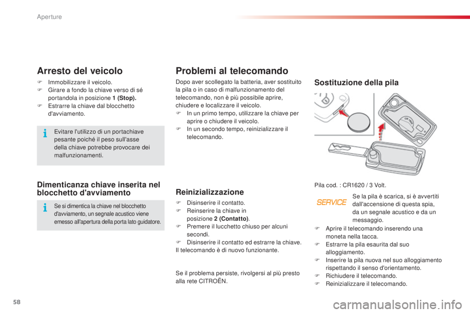 CITROEN C3 PICASSO 2015  Libretti Di Uso E manutenzione (in Italian) 58
C3Picasso_it_Chap04_ouverture_ed01-2014
Problemi al telecomando
dopo aver scollegato la batteria, aver sostituito 
la pila o in caso di malfunzionamento del 
telecomando, non è più possibile apri CITROEN C3 PICASSO 2015  Libretti Di Uso E manutenzione (in Italian) 58
C3Picasso_it_Chap04_ouverture_ed01-2014
Problemi al telecomando
dopo aver scollegato la batteria, aver sostituito 
la pila o in caso di malfunzionamento del 
telecomando, non è più possibile apri