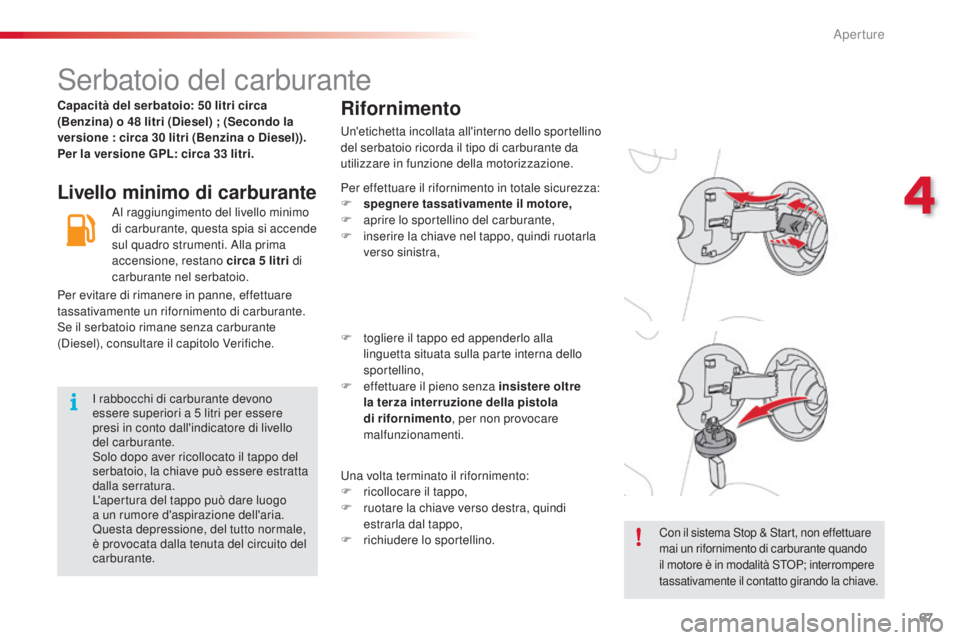 CITROEN C3 PICASSO 2015  Libretti Di Uso E manutenzione (in Italian) 67
C3Picasso_it_Chap04_ouverture_ed01-2014
serbatoio del carburante
Livello minimo di carburanteRifornimento
un'etichetta incollata all'interno dello sportellino 
del serbatoio ricorda il tipo CITROEN C3 PICASSO 2015  Libretti Di Uso E manutenzione (in Italian) 67
C3Picasso_it_Chap04_ouverture_ed01-2014
serbatoio del carburante
Livello minimo di carburanteRifornimento
un'etichetta incollata all'interno dello sportellino 
del serbatoio ricorda il tipo