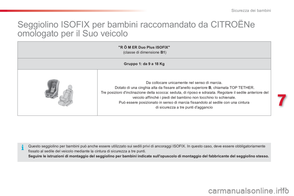 CITROEN C3 PICASSO 2014 Libretti Di Uso E manutenzione (in Italian) 7
Sicurezza dei bambini
111
Seggiolino ISOFIX per bambini raccomandato da CITROËNe
omologato per il Suo veicolo
"RÖMER Duo Plus ISOFIX"(classe di dimensione B CITROEN C3 PICASSO 2014 Libretti Di Uso E manutenzione (in Italian) 7
Sicurezza dei bambini
111
Seggiolino ISOFIX per bambini raccomandato da CITROËNe
omologato per il Suo veicolo
"RÖMER Duo Plus ISOFIX"(classe di dimensione B