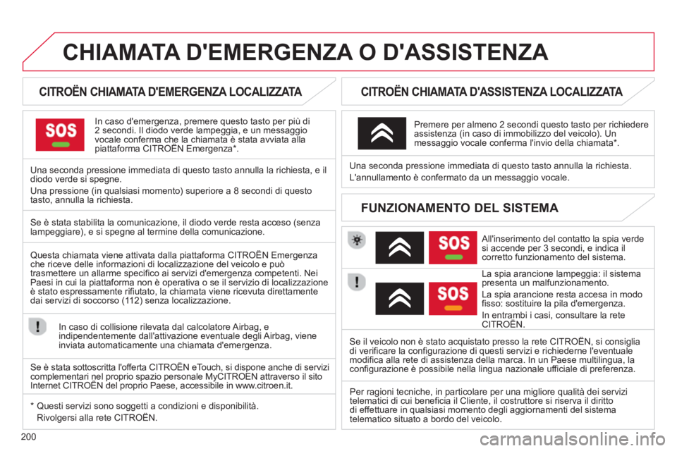 CITROEN C3 PICASSO 2014 Libretti Di Uso E manutenzione (in Italian) 200
CHIAMATA DEMERGENZA O DASSISTENZA
CITROËN CHIAMATA DEMERGENZA LOCALIZZATA
In caso demergenza, premere questo tasto per più di2 secondi. Il diodo verde lampeggia, e un me CITROEN C3 PICASSO 2014 Libretti Di Uso E manutenzione (in Italian) 200
CHIAMATA DEMERGENZA O DASSISTENZA
CITROËN CHIAMATA DEMERGENZA LOCALIZZATA
In caso demergenza, premere questo tasto per più di2 secondi. Il diodo verde lampeggia, e un me