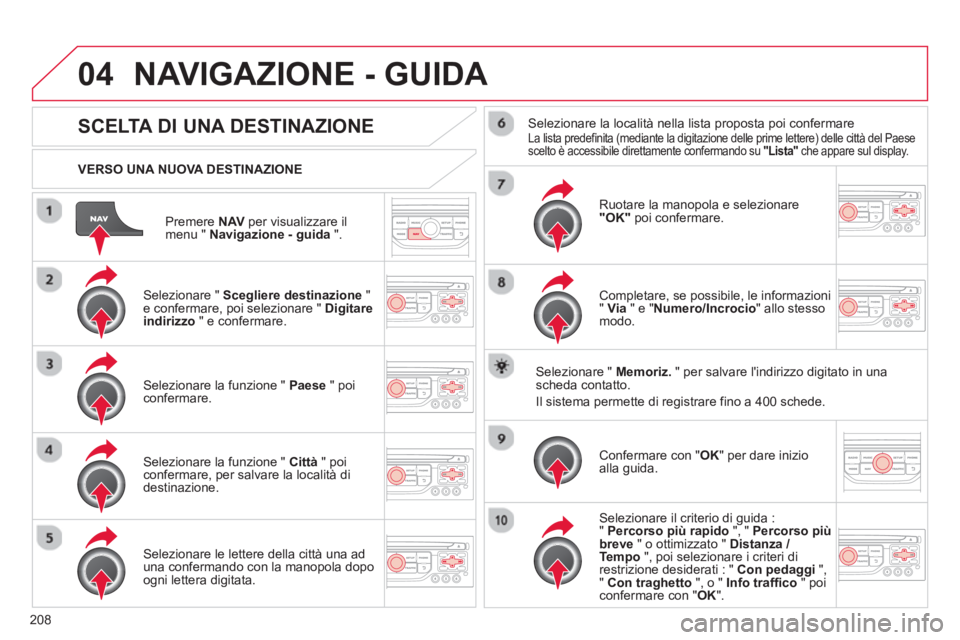 CITROEN C3 PICASSO 2014 Libretti Di Uso E manutenzione (in Italian) 208
04
Premere NAV per visualizzare il
menu " Navigazione - guida".
VERSO UNA NUOVA DESTINAZIONE
NAVIGAZIONE - GUIDA
SCELTA DI UNA DESTINAZIONE
Selezionare " Scegliere destinazione"e conferm CITROEN C3 PICASSO 2014 Libretti Di Uso E manutenzione (in Italian) 208
04
Premere NAV per visualizzare il
menu " Navigazione - guida".
VERSO UNA NUOVA DESTINAZIONE
NAVIGAZIONE - GUIDA
SCELTA DI UNA DESTINAZIONE
Selezionare " Scegliere destinazione"e conferm