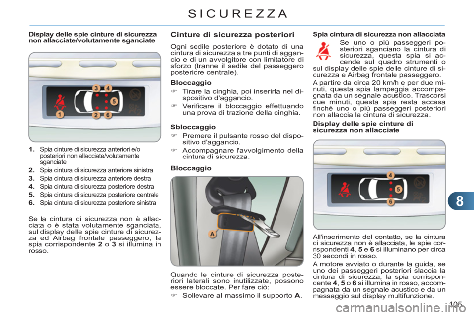 CITROEN C3 PICASSO 2012  Libretti Di Uso E manutenzione (in Italian) 8
105
SICUREZZA
   
 
 
1. 
 Spia cinture di sicurezza anteriori e/o 
posteriori non allacciate/volutamente 
sganciate 
   
2.   Spia cintura di sicurezza anteriore sinistra 
 
 
3.   Spia cintura di 