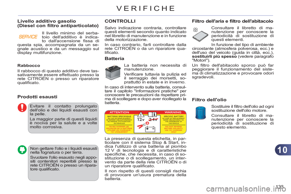 CITROEN C3 PICASSO 2012 Libretti Di Uso E manutenzione (in Italian) 10
133
VERIFICHE
Evitare il contatto prolungato
dellolio e dei liquidi esausti con
la pelle.
La maggior parte di questi liquidi
è nociva per la salute e a volte
molto corrosiva.
Non gett CITROEN C3 PICASSO 2012 Libretti Di Uso E manutenzione (in Italian) 10
133
VERIFICHE
Evitare il contatto prolungato
dellolio e dei liquidi esausti con
la pelle.
La maggior parte di questi liquidi
è nociva per la salute e a volte
molto corrosiva.
Non gett