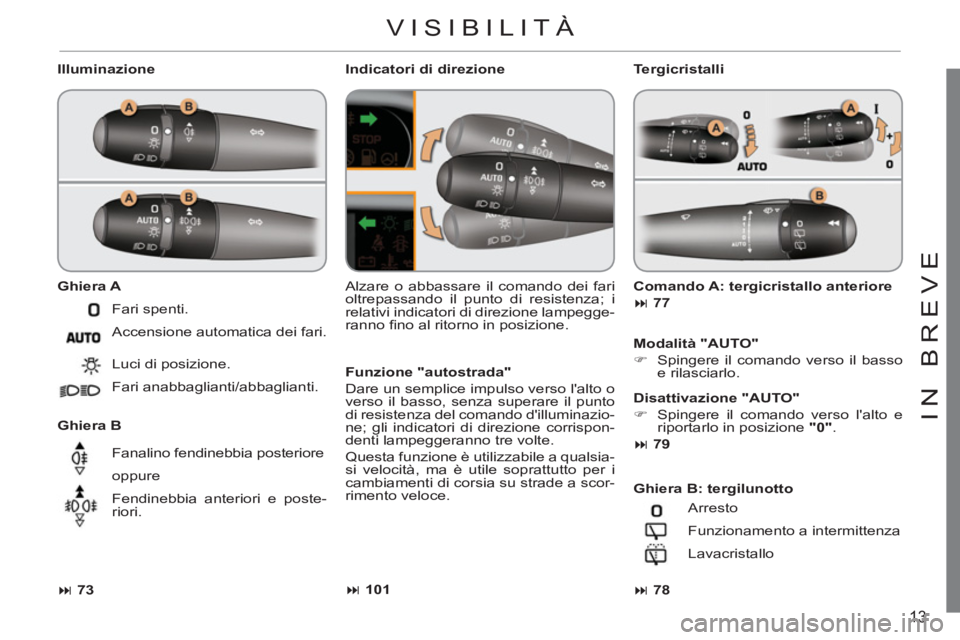 CITROEN C3 PICASSO 2012  Libretti Di Uso E manutenzione (in Italian) 13
IN BREV
E
   
Illuminazione 
   
Ghiera A 
 
   
Ghiera B 
   Alzare o abbassare il comando dei fari 
oltrepassando il punto di resistenza; i 
relativi indicatori di direzione lampegge-
ranno ﬁ n