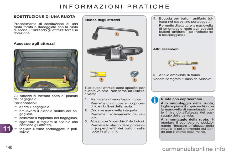 CITROEN C3 PICASSO 2012  Libretti Di Uso E manutenzione (in Italian) 11
140
INFORMAZIONI PRATICHE
SOSTITUZIONE DI UNA RUOTA 
  Gli attrezzi si trovano sotto al pianale 
del bagagliaio. 
  Per accedervi: 
   
 
�) 
  aprire il bagagliaio, 
   
�) 
  rimuovere il pianale