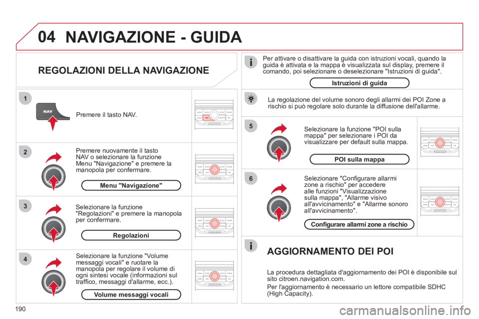 CITROEN C3 PICASSO 2012 Libretti Di Uso E manutenzione (in Italian) 190
04
5
6
3 2 1
4
REGOLAZIONI DELLA NAVIGAZIONE
Selezionare "Confi gurare allarmi
zone a rischio" per accederealle funzioni "Visualizzazione sulla mappa", "Allarme visivo allavvicinamento" CITROEN C3 PICASSO 2012 Libretti Di Uso E manutenzione (in Italian) 190
04
5
6
3 2 1
4
REGOLAZIONI DELLA NAVIGAZIONE
Selezionare "Confi gurare allarmi
zone a rischio" per accederealle funzioni "Visualizzazione sulla mappa", "Allarme visivo allavvicinamento"