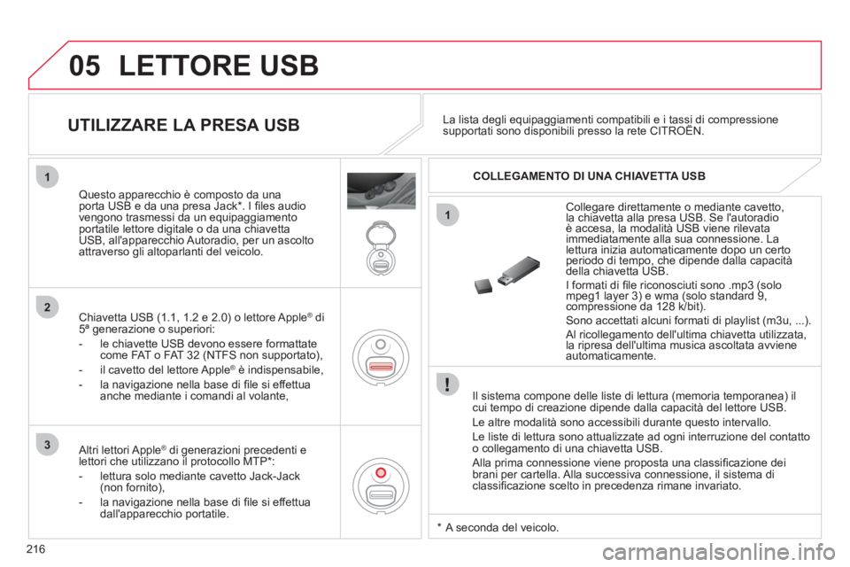 CITROEN C3 PICASSO 2012 Libretti Di Uso E manutenzione (in Italian) 216
05
1
1
2
3
LETTORE USB
Il sistema compone delle liste di lettura (memoria temporanea) ilcui tempo di creazione dipende dalla capacità del lettore USB.
Le altre modalità sono accessibili CITROEN C3 PICASSO 2012 Libretti Di Uso E manutenzione (in Italian) 216
05
1
1
2
3
LETTORE USB
Il sistema compone delle liste di lettura (memoria temporanea) ilcui tempo di creazione dipende dalla capacità del lettore USB.
Le altre modalità sono accessibili