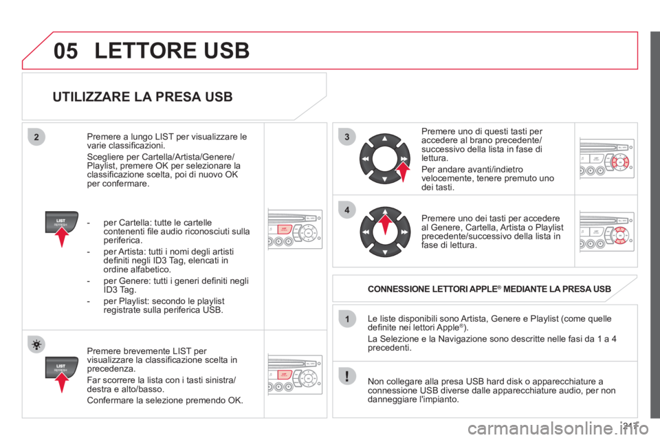 CITROEN C3 PICASSO 2012 Libretti Di Uso E manutenzione (in Italian) 217
3
4
05
2
1
LISTREFRESH
LISTREFRESH
UTILIZZARE LA PRESA USB
Premere brevemente LIST per
visualizzare la classifi cazione scelta inprecedenza.
F
ar scorrere la lista con i tasti sinist CITROEN C3 PICASSO 2012 Libretti Di Uso E manutenzione (in Italian) 217
3
4
05
2
1
LISTREFRESH
LISTREFRESH
UTILIZZARE LA PRESA USB
Premere brevemente LIST per
visualizzare la classifi cazione scelta inprecedenza.
F
ar scorrere la lista con i tasti sinist