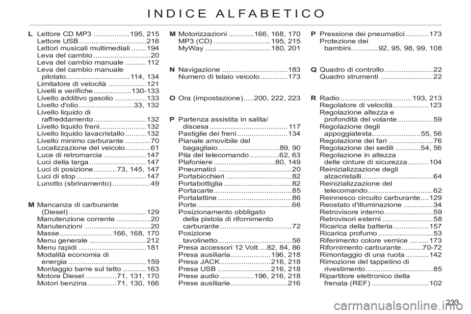 CITROEN C3 PICASSO 2012 Libretti Di Uso E manutenzione (in Italian) 233
INDICE ALFABETICO
M Motorizzazioni ............166, 168, 170
MP3 (CD) ...........................195, 215
MyWay ...............................180, 201
N Navigazione ........................... CITROEN C3 PICASSO 2012 Libretti Di Uso E manutenzione (in Italian) 233
INDICE ALFABETICO
M Motorizzazioni ............166, 168, 170
MP3 (CD) ...........................195, 215
MyWay ...............................180, 201
N Navigazione ...........................