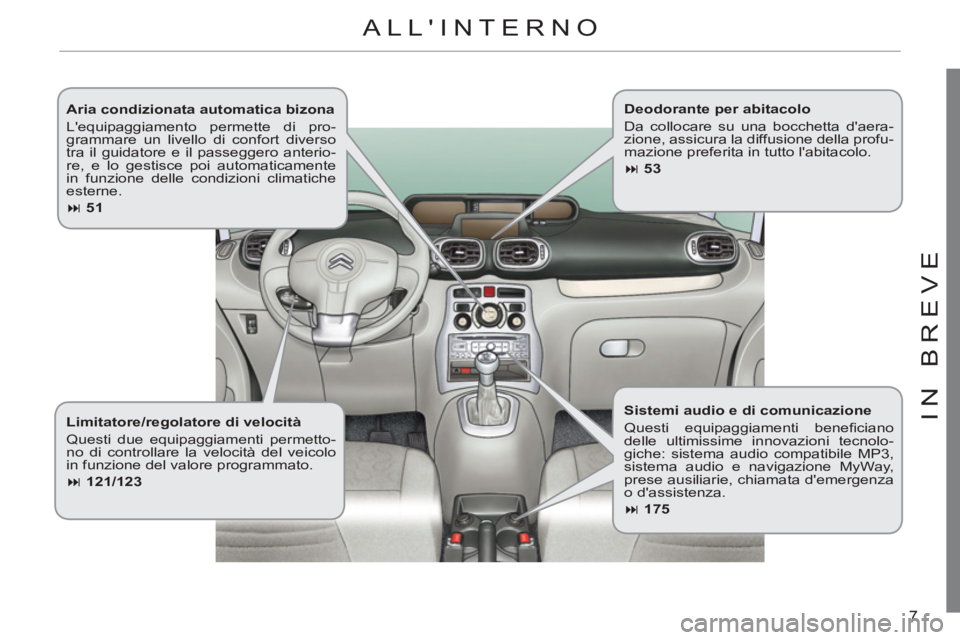 CITROEN C3 PICASSO 2012 Libretti Di Uso E manutenzione (in Italian) 7
IN BREV
E
Aria condizionata automatica bizona
Lequipaggiamento permette di pro-
grammare un livello di confort diverso
tra il guidatore e il passeggero anterio-
re, e lo gestisce poi automa CITROEN C3 PICASSO 2012 Libretti Di Uso E manutenzione (in Italian) 7
IN BREV
E
Aria condizionata automatica bizona
Lequipaggiamento permette di pro-
grammare un livello di confort diverso
tra il guidatore e il passeggero anterio-
re, e lo gestisce poi automa