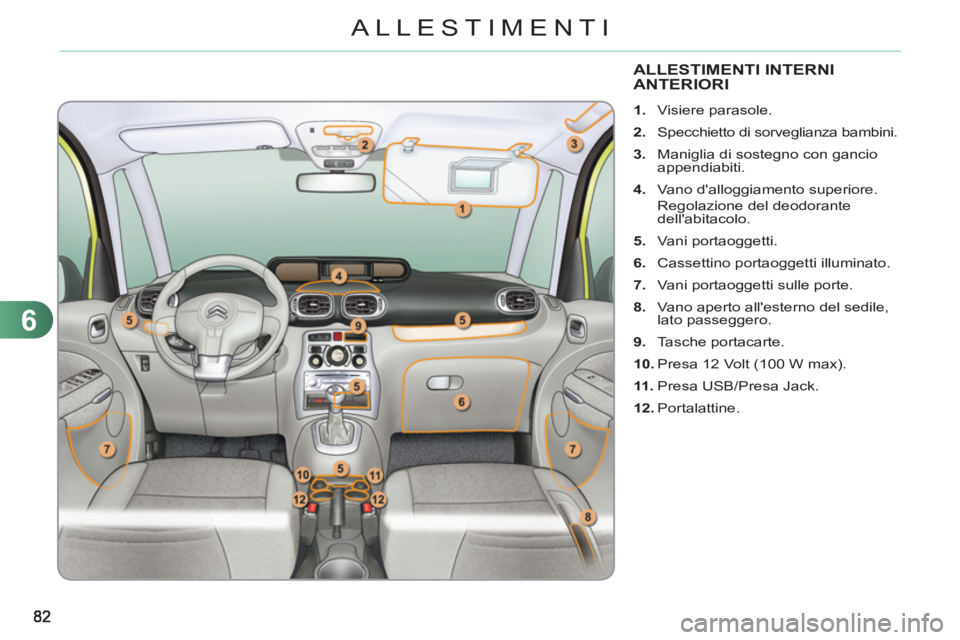 CITROEN C3 PICASSO 2012 Libretti Di Uso E manutenzione (in Italian) 6
ALLESTIMENTI
ALLESTIMENTI INTERNI
ANTERIORI
1.
Visiere parasole.
2.
Specchietto di sorveglianza bambini.
3.
Maniglia di sostegno con gancio
appendiabiti.
4.
Vano d CITROEN C3 PICASSO 2012 Libretti Di Uso E manutenzione (in Italian) 6
ALLESTIMENTI
ALLESTIMENTI INTERNI
ANTERIORI
1.
Visiere parasole.
2.
Specchietto di sorveglianza bambini.
3.
Maniglia di sostegno con gancio
appendiabiti.
4.
Vano d