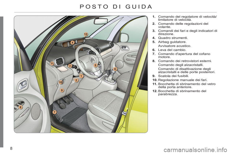 CITROEN C3 PICASSO 2012  Libretti Di Uso E manutenzione (in Italian) 8
   
 
1. 
  Comando del regolatore di velocità/
limitatore di velocità. 
   
2. 
  Comando delle regolazioni del 
volante. 
   
3. 
  Comandi dei fari e degli indicatori di 
direzione. 
   
4. 
 Q