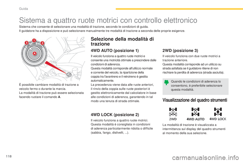 CITROEN C3 AIRCROSS 2016 Libretti Di Uso E manutenzione (in Italian) 118
C4-Aircross_it_Chap04_conduite_ed01-2014
sistema a quattro ruote motrici con controllo elettronico
sistema che consente di selezionare una modalità di trazione, secondo le condizioni di guida.il CITROEN C3 AIRCROSS 2016 Libretti Di Uso E manutenzione (in Italian) 118
C4-Aircross_it_Chap04_conduite_ed01-2014
sistema a quattro ruote motrici con controllo elettronico
sistema che consente di selezionare una modalità di trazione, secondo le condizioni di guida.il