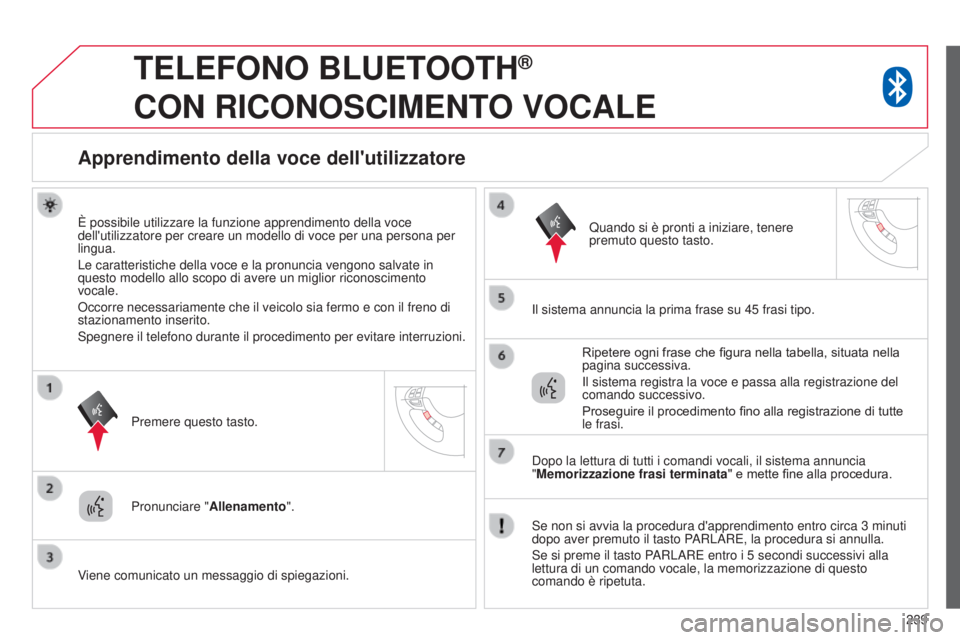 CITROEN C3 AIRCROSS 2016  Libretti Di Uso E manutenzione (in Italian) 239
TELEFONO BLUETOOTH®  
CON

 
RICONOSCIMENTO
 
VOCALE
Apprendimento della voce dell'utilizzatore
È possibile utilizzare la funzione apprendimento della voce 
dell'utilizzatore per creare 