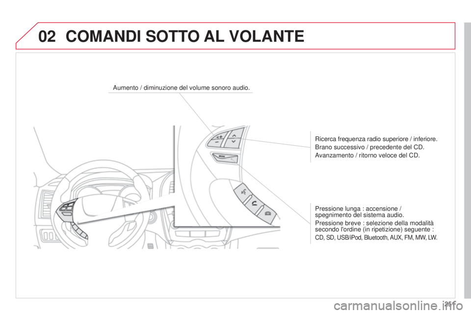 CITROEN C3 AIRCROSS 2016  Libretti Di Uso E manutenzione (in Italian) 02
251
C4-Aircross_it_Chap10b_Mitsu6_ed01-2014
Aumento / diminuzione del volume sonoro audio.Ricerca frequenza radio superiore / inferiore.
Brano successivo / precedente del C
d .
Avanzamento / ritorn
