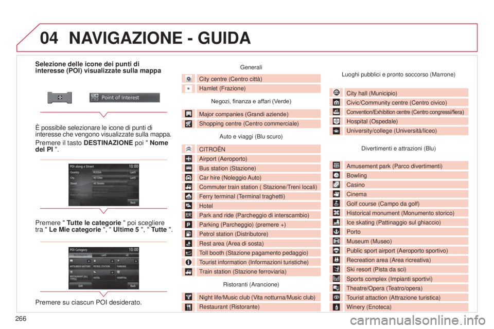 CITROEN C3 AIRCROSS 2016  Libretti Di Uso E manutenzione (in Italian) 04
266
C4-Aircross_it_Chap10b_Mitsu6_ed01-2014
Selezione delle icone dei punti di 
interesse (POI) visualizzate sulla mappa
È possibile selezionare le icone di punti di 
interesse che vengono visuali