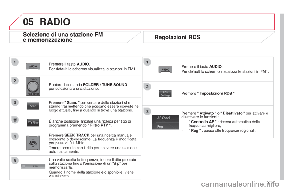 CITROEN C3 AIRCROSS 2016 Libretti Di Uso E manutenzione (in Italian) 05
275
C4-Aircross_it_Chap10b_Mitsu6_ed01-2014
Premere il tasto AUDIO.
Per default lo schermo visualizza le stazioni in FM1.
Selezione di una stazione FM
e memorizzazione
Premere SEEK TRACK per una CITROEN C3 AIRCROSS 2016 Libretti Di Uso E manutenzione (in Italian) 05
275
C4-Aircross_it_Chap10b_Mitsu6_ed01-2014
Premere il tasto AUDIO.
Per default lo schermo visualizza le stazioni in FM1.
Selezione di una stazione FM
e memorizzazione
Premere SEEK TRACK per una