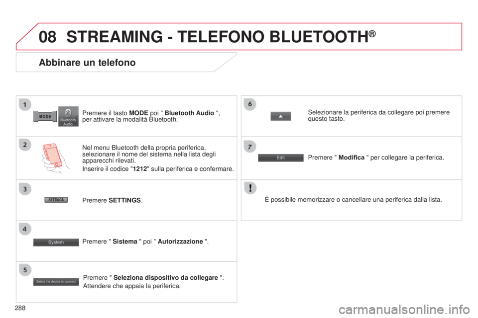 CITROEN C3 AIRCROSS 2016  Libretti Di Uso E manutenzione (in Italian) 08
288
C4-Aircross_it_Chap10b_Mitsu6_ed01-2014
Premere il tasto MODE poi " Bluetooth Audio ",  
per attivare la modalità Bluetooth.
Abbinare un telefono
Nel menu Bluetooth della propria perif