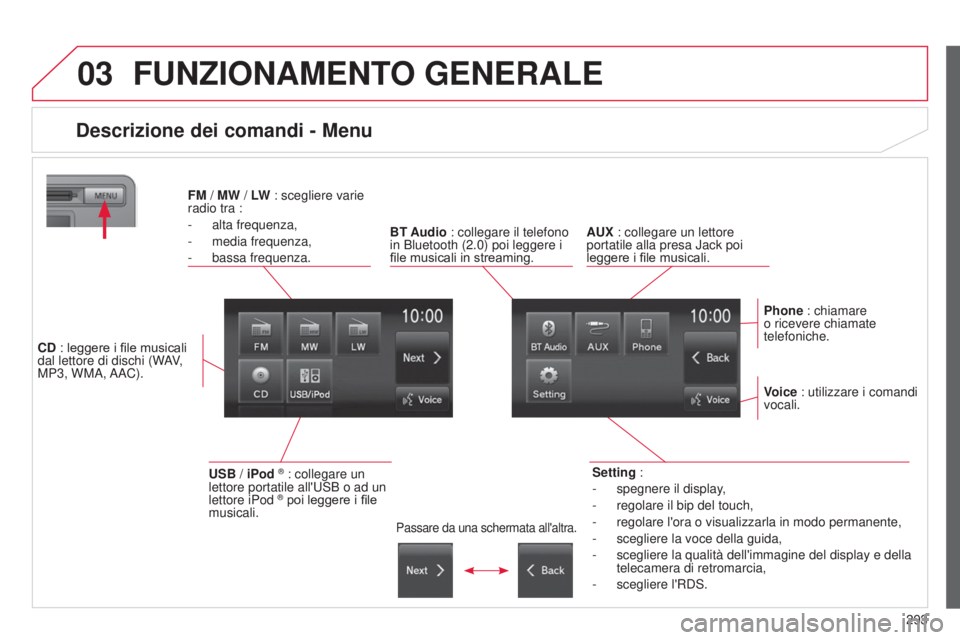 CITROEN C3 AIRCROSS 2016  Libretti Di Uso E manutenzione (in Italian) 03
293
C4-Aircross_it_Chap10c_Mitsu5_ed01-2014
FUNZIONAMENTO GENERALE
Descrizione dei comandi - Menu
Setting :
- 
spegnere il display
 ,
-
 
regolare il bip del touch,
-

 
regolare l'ora o visual