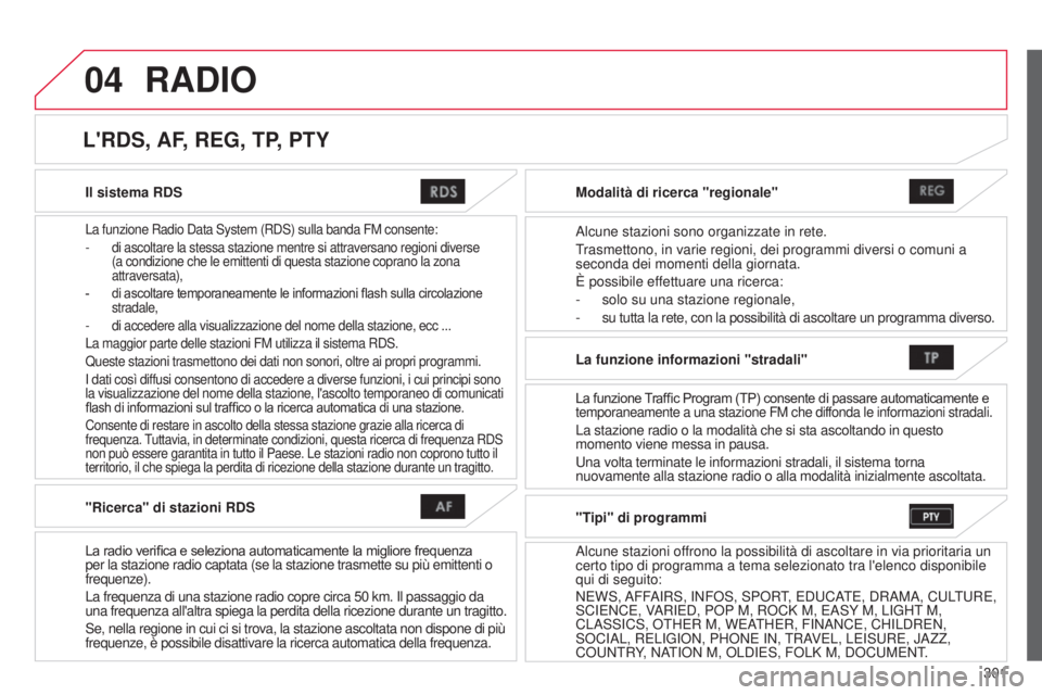 CITROEN C3 AIRCROSS 2016 Libretti Di Uso E manutenzione (in Italian) 04
301
C4-Aircross_it_Chap10c_Mitsu5_ed01-2014
Il sistema RDS
La funzione Radio data system (Rds) sulla banda FM consente:
-
di ascoltare la stessa stazione mentre si attraversano regioni diverse
CITROEN C3 AIRCROSS 2016 Libretti Di Uso E manutenzione (in Italian) 04
301
C4-Aircross_it_Chap10c_Mitsu5_ed01-2014
Il sistema RDS
La funzione Radio data system (Rds) sulla banda FM consente:
-
di ascoltare la stessa stazione mentre si attraversano regioni diverse