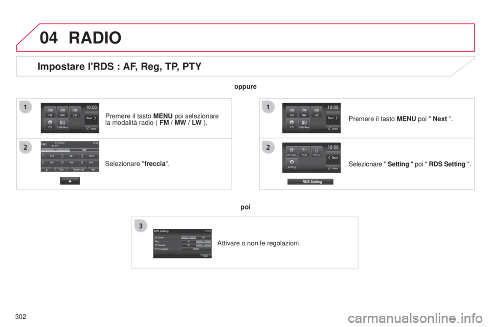 CITROEN C3 AIRCROSS 2016 Libretti Di Uso E manutenzione (in Italian) 04
302
Impostare l'RDS : AF, Reg, TP, PTY
selezionare "freccia".s
elezionare " Setting " poi " RDS Setting ".
Premere il tasto MENU poi " Next ".
RADIO
oppure
poi
A CITROEN C3 AIRCROSS 2016 Libretti Di Uso E manutenzione (in Italian) 04
302
Impostare l'RDS : AF, Reg, TP, PTY
selezionare "freccia".s
elezionare " Setting " poi " RDS Setting ".
Premere il tasto MENU poi " Next ".
RADIO
oppure
poi
A