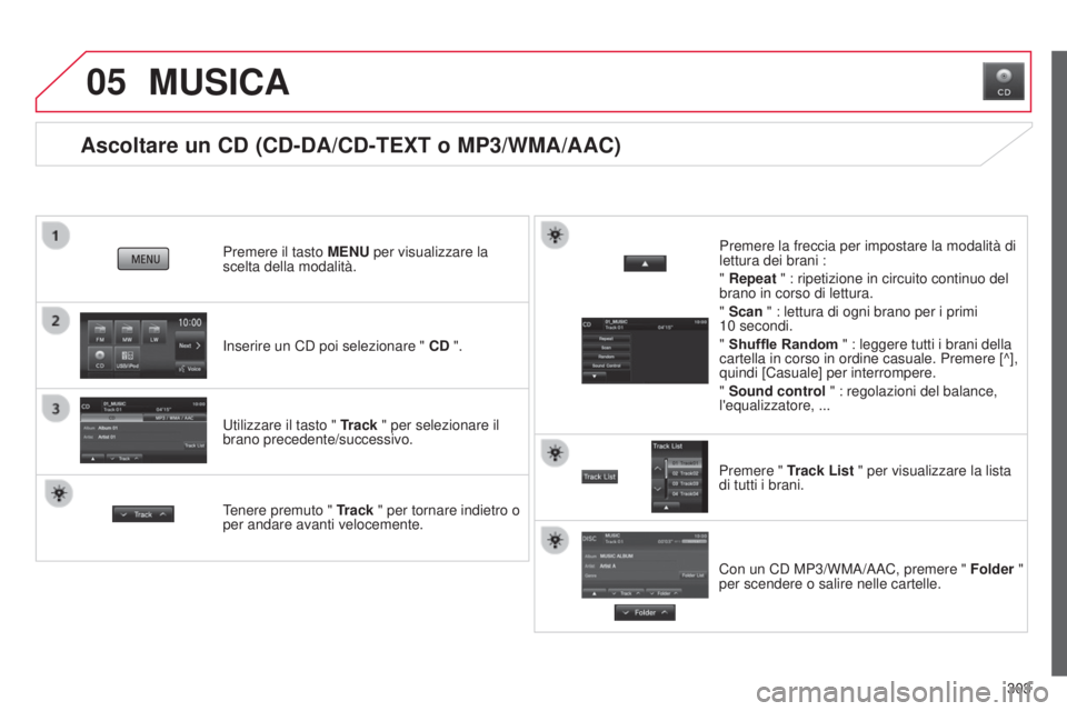 CITROEN C3 AIRCROSS 2016 Libretti Di Uso E manutenzione (in Italian) 05
303
C4-Aircross_it_Chap10c_Mitsu5_ed01-2014
Ascoltare un CD (CD-DA/CD-TEXT o MP3/WMA/AAC)
inserire un Cd poi selezionare " CD ".
Premere il tasto MENU per visualizzare la
scelta della mod CITROEN C3 AIRCROSS 2016 Libretti Di Uso E manutenzione (in Italian) 05
303
C4-Aircross_it_Chap10c_Mitsu5_ed01-2014
Ascoltare un CD (CD-DA/CD-TEXT o MP3/WMA/AAC)
inserire un Cd poi selezionare " CD ".
Premere il tasto MENU per visualizzare la
scelta della mod