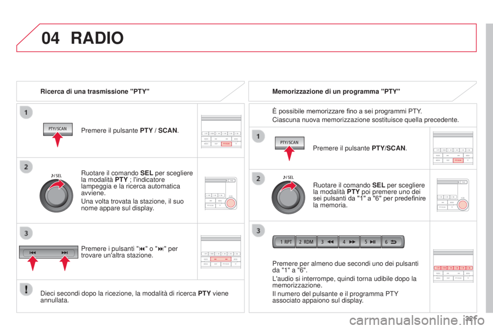 CITROEN C3 AIRCROSS 2016  Libretti Di Uso E manutenzione (in Italian) 04
 
321
C4-Aircross_it_Chap10d_Mitsu4_ed01-2014
RADIO
Ricerca di una trasmissione "PTY"Premere il pulsante  PTY / SCAN.
d

ieci secondi dopo la ricezione, la modalità di ricerca  PTY viene 

