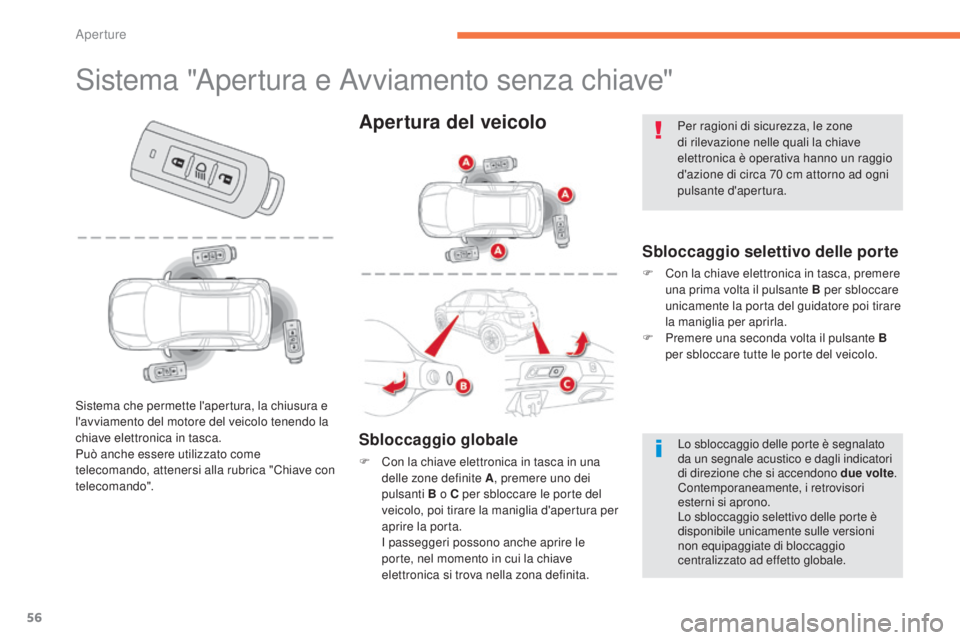 CITROEN C3 AIRCROSS 2016 Libretti Di Uso E manutenzione (in Italian) 56
C4-Aircross_it_Chap02_ouvertures_ed01-2014
sistema "Apertura e Avviamento senza chiave"
Sbloccaggio selettivo delle porte
F Con la chiave elettronica in tasca, premere una prima volta il pu CITROEN C3 AIRCROSS 2016 Libretti Di Uso E manutenzione (in Italian) 56
C4-Aircross_it_Chap02_ouvertures_ed01-2014
sistema "Apertura e Avviamento senza chiave"
Sbloccaggio selettivo delle porte
F Con la chiave elettronica in tasca, premere una prima volta il pu