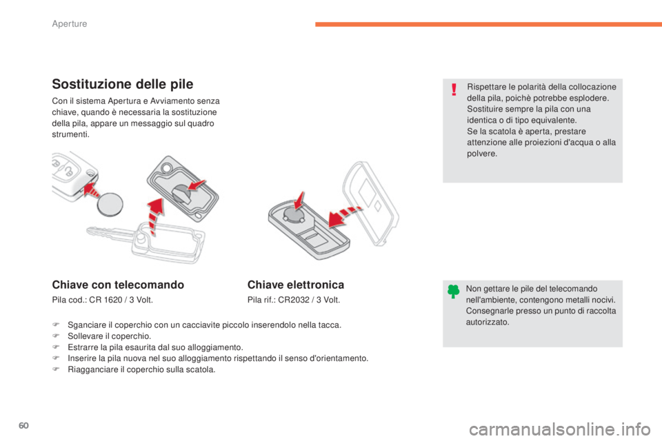 CITROEN C3 AIRCROSS 2016  Libretti Di Uso E manutenzione (in Italian) 60
C4-Aircross_it_Chap02_ouvertures_ed01-2014
Con il sistema Apertura e Avviamento senza 
chiave, quando è necessaria la sostituzione 
della pila, appare un messaggio sul quadro 
strumenti.
Sostituzi