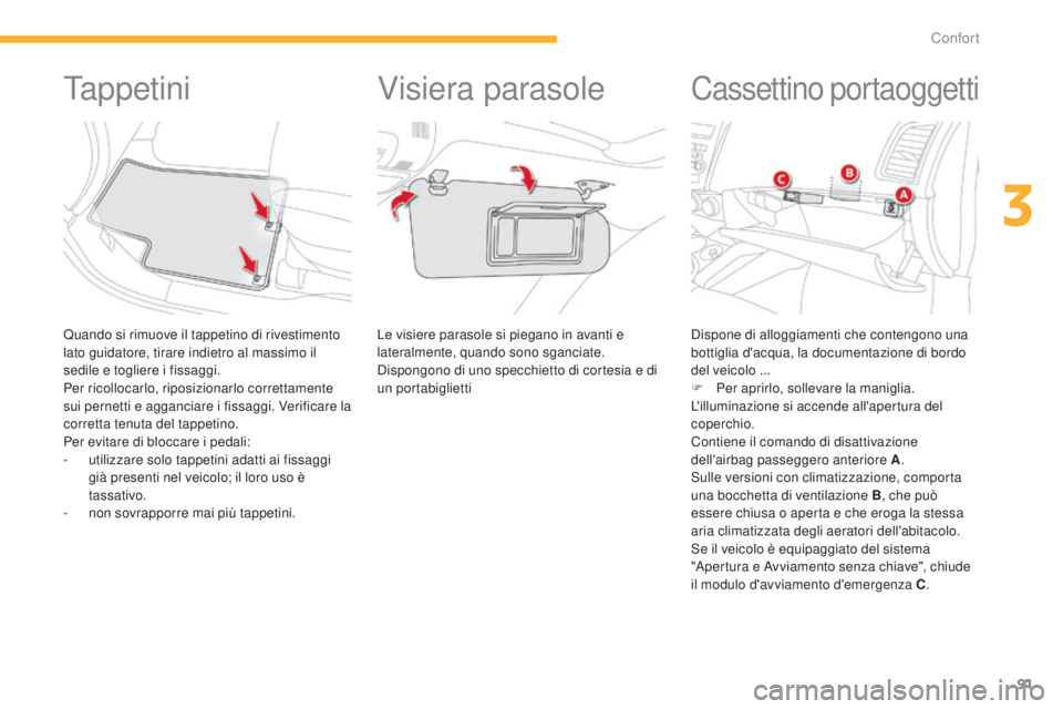 CITROEN C3 AIRCROSS 2016  Libretti Di Uso E manutenzione (in Italian) 91
C4-Aircross_it_Chap03_confort_ed01-2014
Ta p p e t i n i
Quando si rimuove il tappetino di rivestimento 
lato guidatore, tirare indietro al massimo il 
sedile e togliere i fissaggi.
Per ricollocarl
