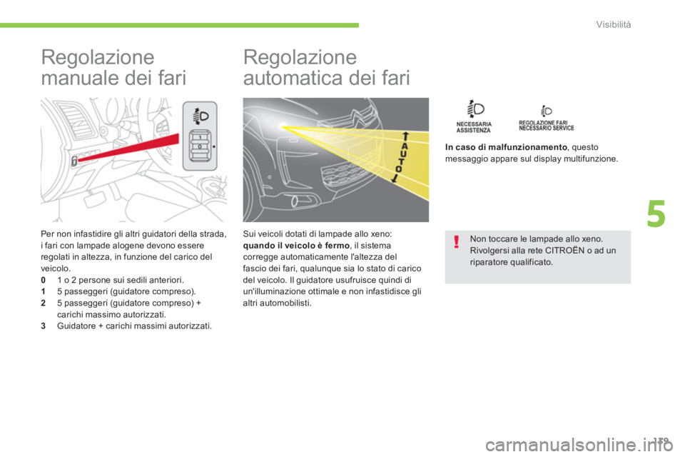 CITROEN C3 AIRCROSS 2014  Libretti Di Uso E manutenzione (in Italian) 139
5
Visibilità
   
Per non infastidire gli altri guidatori della strada, 
i fari con lampade alogene devono essere 
regolati in altezza, in funzione del carico del 
veicolo. 
   
0 
  1 o 2 persone