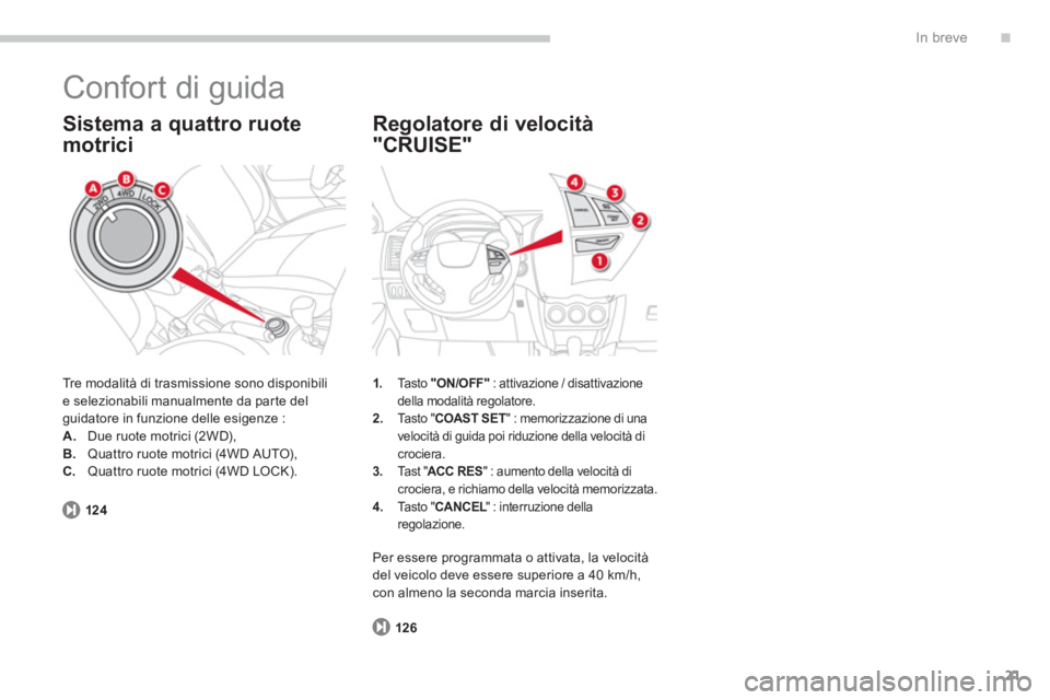 CITROEN C3 AIRCROSS 2014  Libretti Di Uso E manutenzione (in Italian) .
21
In breve
  Confort di guida 
 
Tre modalità di trasmissione sono disponibili 
e selezionabili manualmente da parte del 
guidatore in funzione delle esigenze : 
   
 
A. 
  Due ruote motrici (2WD