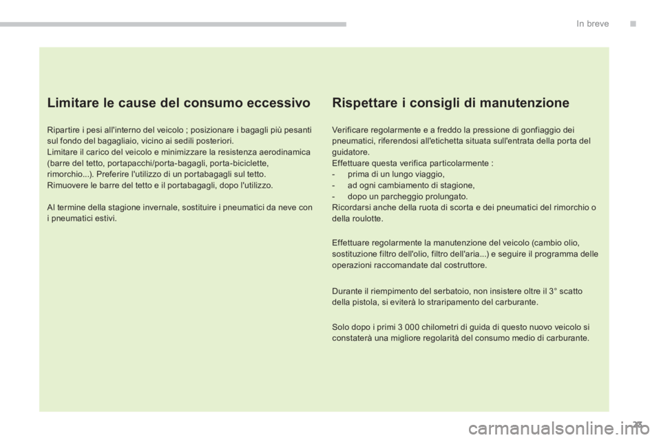 CITROEN C3 AIRCROSS 2014  Libretti Di Uso E manutenzione (in Italian) 23
.In breve
   
Limitare le cause del consumo eccessivo 
 
 
Ripartire i pesi allinterno del veicolo ; posizionare i bagagli più pesanti 
sul fondo del bagagliaio, vicino ai sedili posteriori. 
  L