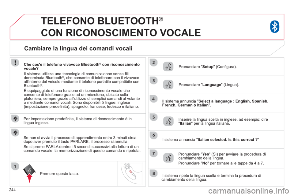 CITROEN C3 AIRCROSS 2014 Libretti Di Uso E manutenzione (in Italian) 244
TELEFONO BLUETOOTH ®
CON RICONOSCIMENTO VOCALE
Per impostazione predefi nita, il sistema di riconoscimento è in
lingua inglese.
Premere questo tasto.
Pronunciare " CITROEN C3 AIRCROSS 2014 Libretti Di Uso E manutenzione (in Italian) 244
TELEFONO BLUETOOTH ®
CON RICONOSCIMENTO VOCALE
Per impostazione predefi nita, il sistema di riconoscimento è in
lingua inglese.
Premere questo tasto.
Pronunciare "
