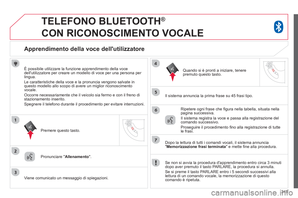 CITROEN C3 AIRCROSS 2014 Libretti Di Uso E manutenzione (in Italian) 245
TELEFONO BLUETOOTH ®
CON RICONOSCIMENTO VOCALE
Apprendimento della voce dellutilizzatore
È possibile utilizzare la funzione apprendimento della voce
dellu CITROEN C3 AIRCROSS 2014 Libretti Di Uso E manutenzione (in Italian) 245
TELEFONO BLUETOOTH ®
CON RICONOSCIMENTO VOCALE
Apprendimento della voce dellutilizzatore
È possibile utilizzare la funzione apprendimento della voce
dellu