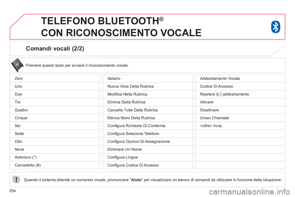 CITROEN C3 AIRCROSS 2014  Libretti Di Uso E manutenzione (in Italian) 254
   
Comandi vocali (2/2) 
 
 
Premere questo tasto per avviare il riconoscimento vocale.  
 
   
Quando il sistema attende un comando vocale, pronunciare " Aiuto 
" per visualizzare un elenco di c