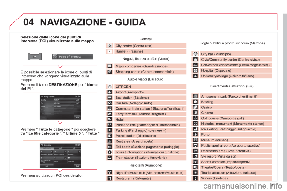 CITROEN C3 AIRCROSS 2014  Libretti Di Uso E manutenzione (in Italian) 271
04
   
 
 
 
 
 
 
 
 
 
 
 
 
 
 
 
 
 
 
 
 
 
Selezione delle icone dei punti di 
interesse (POI) visualizzate sulla mappa  
   
È possibile selezionare le icone di punti di 
interesse che ven