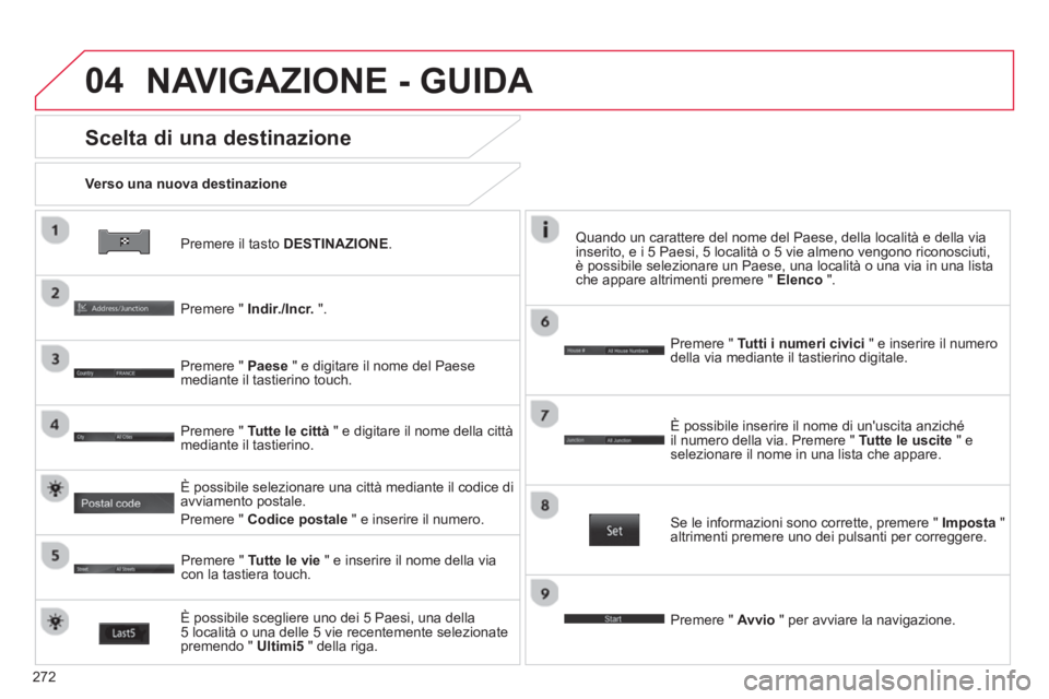 CITROEN C3 AIRCROSS 2014  Libretti Di Uso E manutenzione (in Italian) 272
04
   
Premere il tasto  DESTINAZIONE 
.      
Verso una nuova destinazione  
 
 
Scelta di una destinazione 
 
 
Premere "  Indir./Incr. 
 ".  
   
Premere "  Paese 
 " e digitare il nome del Pae