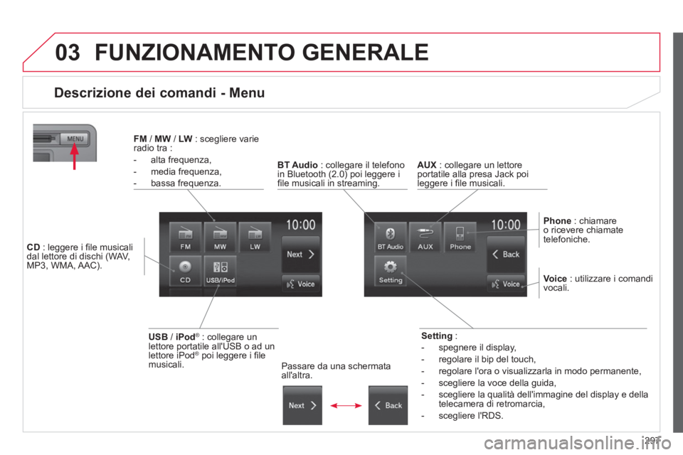 CITROEN C3 AIRCROSS 2014  Libretti Di Uso E manutenzione (in Italian) 297
03  FUNZIONAMENTO GENERALE 
 
 
 
 
 
 
 
 
 
 
 
 
 
Descrizione dei comandi - Menu 
 
 
 
Setting 
 : 
   
 
-   spegnere il display, 
   
-   regolare il bip del touch, 
   
-   regolare lora 