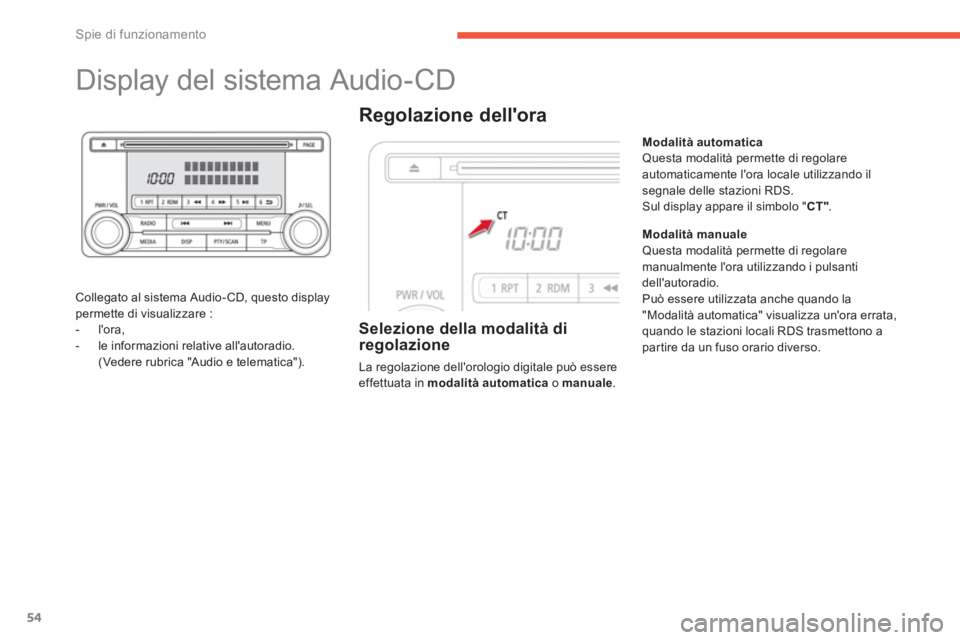 CITROEN C3 AIRCROSS 2014  Libretti Di Uso E manutenzione (in Italian) 54
Spie di funzionamento
   
 
 
 
 
 
 
 
 
 
 
Display del sistema Audio-CD 
 
 
Collegato al sistema Audio- CD, questo display 
permette di visualizzare : 
   
 
-  lora, 
   
-   le informazioni 