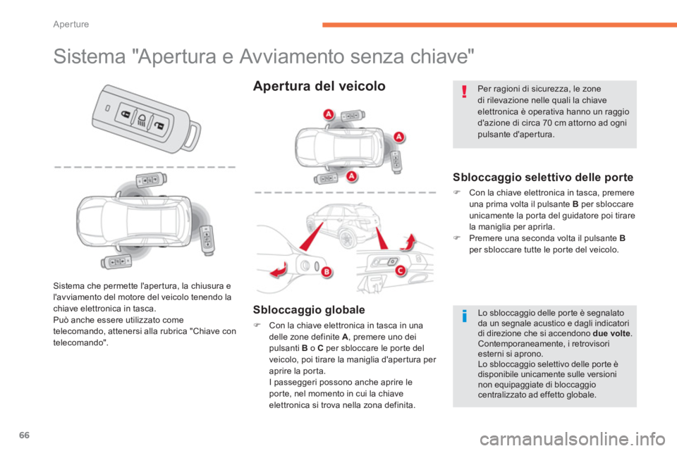 CITROEN C3 AIRCROSS 2014  Libretti Di Uso E manutenzione (in Italian) 66
Aperture
   
 
 
 
 
 
 
 
 
 
 
 
 
 
 
 
 
 
 
 
 
 
 
Sistema "Apertura e Avviamento senza chiave" 
 
 
Sbloccaggio selettivo delle porte 
 
 
 
�) 
  Con la chiave elettronica in tasca, premere