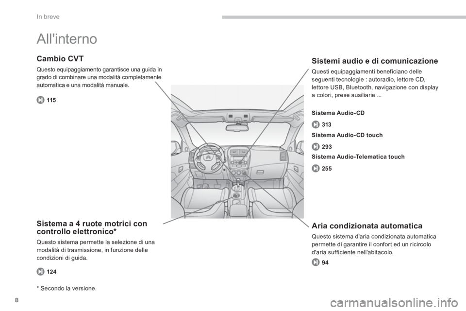 CITROEN C3 AIRCROSS 2014 Libretti Di Uso E manutenzione (in Italian) 8
In breve
Allinterno
Sistema a 4 ruote motrici con
controllo elettronico *
Questo sistema permette la selezione di una
modalità di trasmissione, in funzione delle
condizioni di guida CITROEN C3 AIRCROSS 2014 Libretti Di Uso E manutenzione (in Italian) 8
In breve
Allinterno
Sistema a 4 ruote motrici con
controllo elettronico *
Questo sistema permette la selezione di una
modalità di trasmissione, in funzione delle
condizioni di guida