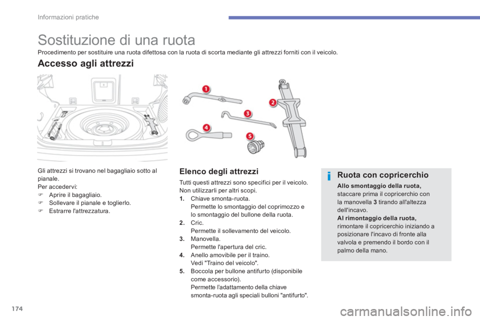CITROEN C3 AIRCROSS 2013  Libretti Di Uso E manutenzione (in Italian) 174
Informazioni pratiche
   
 
 
 
 
 
 
 
 
 
 
 
 
 
 
 
 
 
 
 
 
 
Sostituzione di una ruota 
Gli attrezzi si trovano nel bagagliaio sotto al pianale.
Per accedervi:�)Aprire il bagagliaio. �)Soll