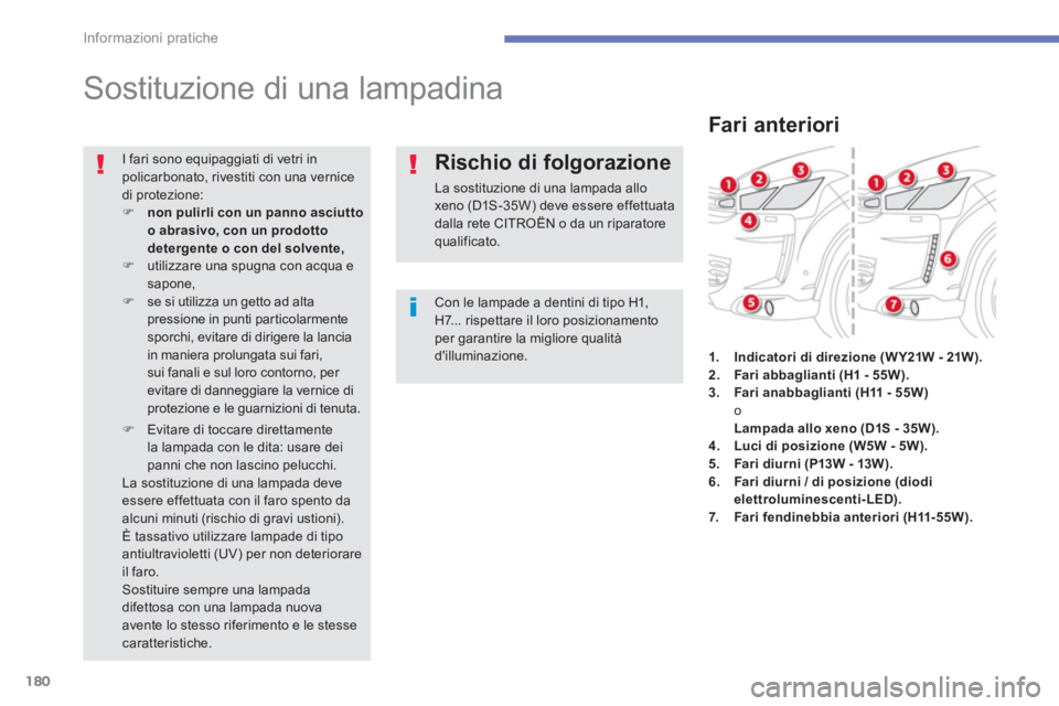CITROEN C3 AIRCROSS 2013  Libretti Di Uso E manutenzione (in Italian) 180
Informazioni pratiche
   
 
 
 
 
 
 
 
Sostituzione di una lampadina 
Con le lampade a dentini di tipo H1,H7... rispettare il loro posizionamento per garantire la migliore qualitàdilluminazione