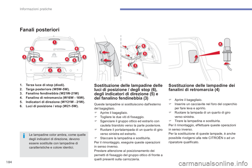 CITROEN C3 AIRCROSS 2013  Libretti Di Uso E manutenzione (in Italian) 184
Informazioni pratiche
1.Terza luce di stop (diodi).2.Targa posteriore (W5W-5W).3.Fanalino fendinebbia (W21W-21W)4.Fanalino di retromarcia (W16W - 16W).5.Indicatori di direzione (W Y21W - 21W).6.Lu