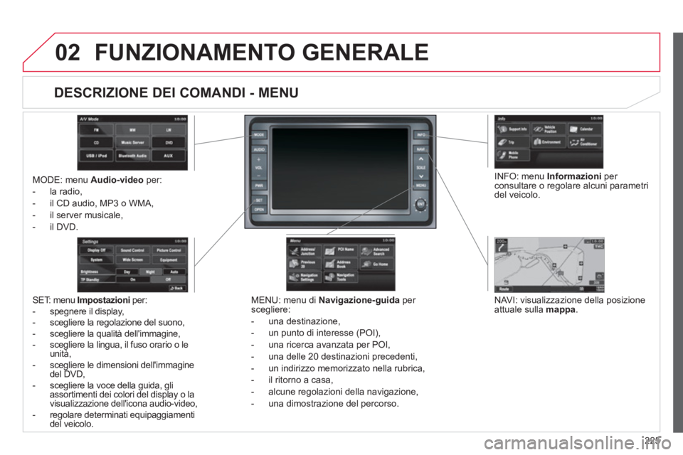 CITROEN C3 AIRCROSS 2013 Libretti Di Uso E manutenzione (in Italian) 225
02FUNZIONAMENTO GENERALE
MODE: menu Audio-video per:
- la radio,
- il
CD audio, MP3 o WMA,
- il server musicale,
-
il DVD.
MENU: menu di Navigazione-guida per
scegliere:
- una
destin CITROEN C3 AIRCROSS 2013 Libretti Di Uso E manutenzione (in Italian) 225
02FUNZIONAMENTO GENERALE
MODE: menu Audio-video per:
- la radio,
- il
CD audio, MP3 o WMA,
- il server musicale,
-
il DVD.
MENU: menu di Navigazione-guida per
scegliere:
- una
destin