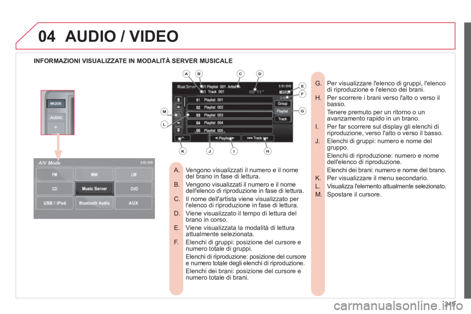 CITROEN C3 AIRCROSS 2013 Libretti Di Uso E manutenzione (in Italian) 249
04AUDIO / VIDEO
INFORMAZIONI VISUALIZZATE IN MODALITÀ SERVER MUSICALE
Vengono visualizzati il numero e il nome
A. del brano in fase di lettura.
Vengono visualizzati il numero e i CITROEN C3 AIRCROSS 2013 Libretti Di Uso E manutenzione (in Italian) 249
04AUDIO / VIDEO
INFORMAZIONI VISUALIZZATE IN MODALITÀ SERVER MUSICALE
Vengono visualizzati il numero e il nome
A. del brano in fase di lettura.
Vengono visualizzati il numero e i