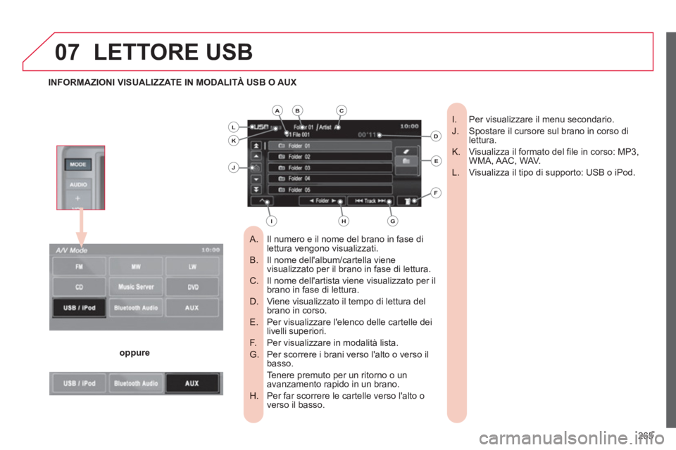 CITROEN C3 AIRCROSS 2013  Libretti Di Uso E manutenzione (in Italian) 265
07LETTORE USB 
Il numero e il nome del brano in fase di    
 
 
A.  lettura vengono visualizzati.
Il nome dellalbum/cartella viene B.  visualizzato per il brano in fase di lettura.
Il nome della