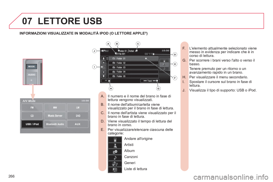 CITROEN C3 AIRCROSS 2013  Libretti Di Uso E manutenzione (in Italian) 266
07LETTORE USB 
Il numero e il nome del brano in fase di    
 
 
A.  lettura vengono visualizzati.
Il nome dellalbum/cartella viene B.  visualizzato per il brano in fase di lettura.
Il nome della