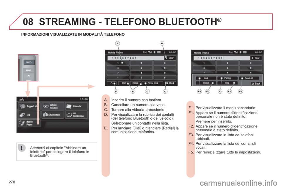 CITROEN C3 AIRCROSS 2013  Libretti Di Uso E manutenzione (in Italian) 270
08STREAMING - TELEFONO BLUETOOTH ®
Inserire il numero con tastiera.   
 
 
A.  
Cancellare un numero alla volta.B.  
Tornare alla videata precedente.C.  
Per visualizzare la rubrica dei contatti 